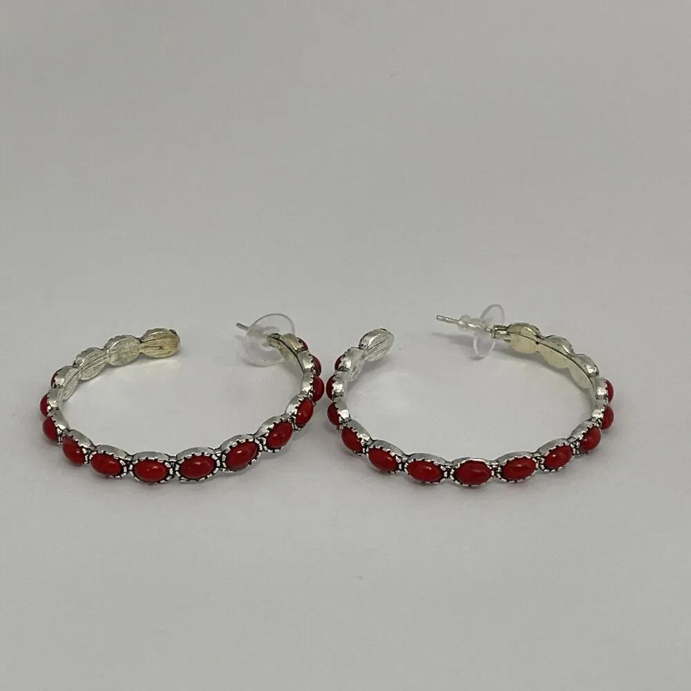 Silver-tone Red Loop Hoop‎ Earrings